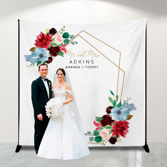 Blush Burgundy Floral Wedding Backdrop, Personalized Photo Banner