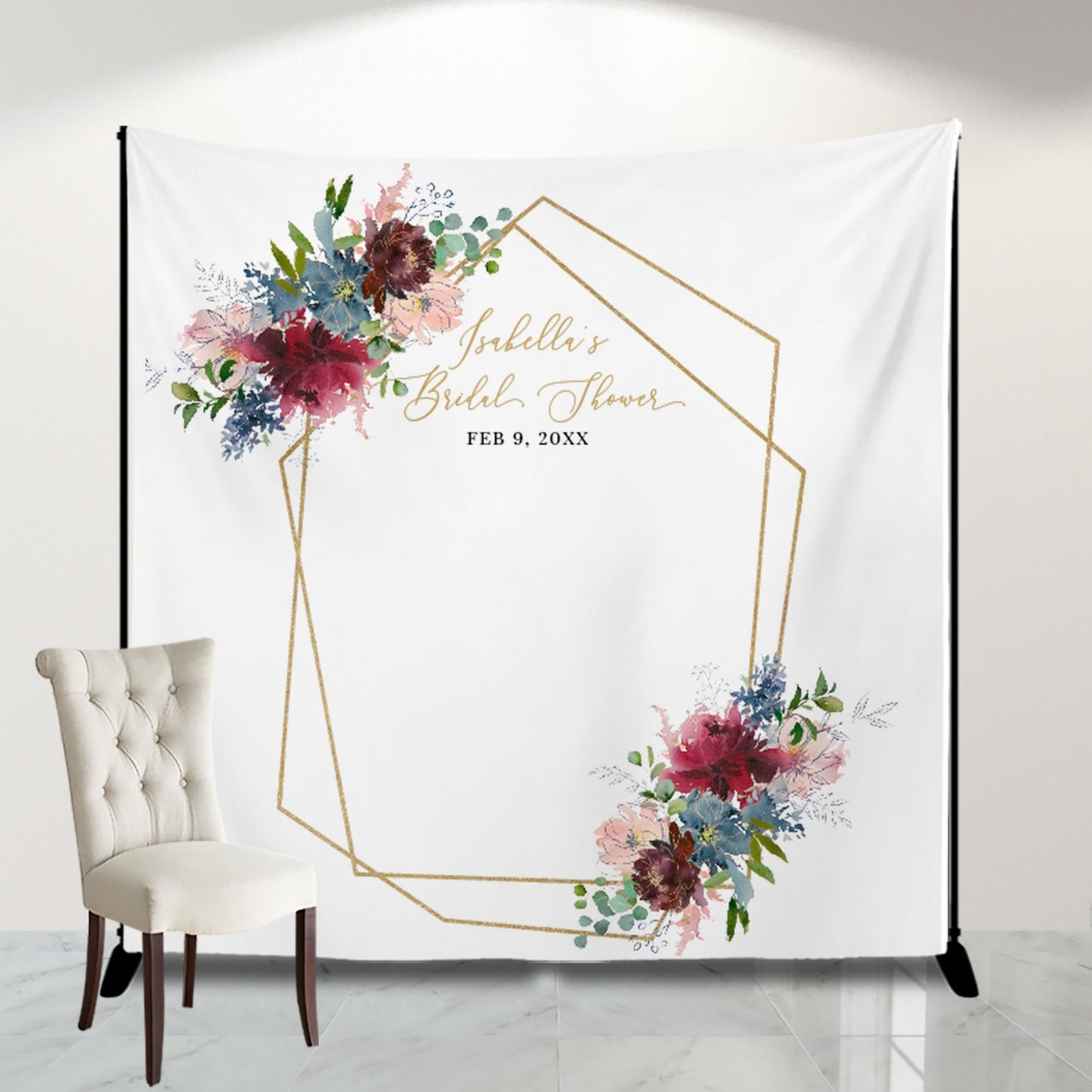 Burgundy and Dusty Blue Floral Bridal Shower Backdrop, Personalized Banner