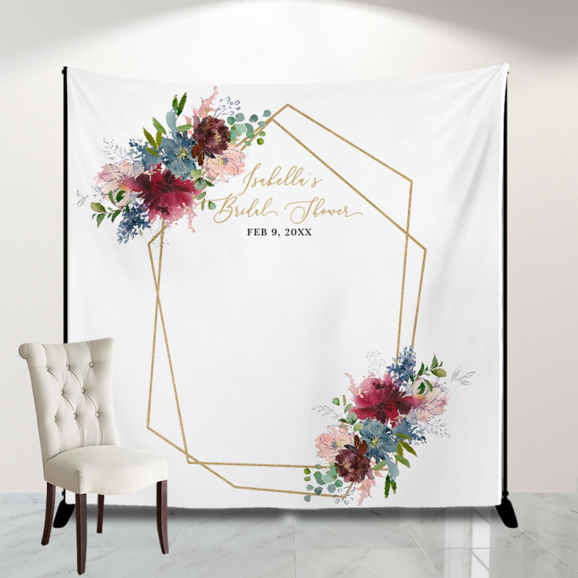 Burgundy and Dusty Blue Floral Bridal Shower Backdrop, Personalized Banner