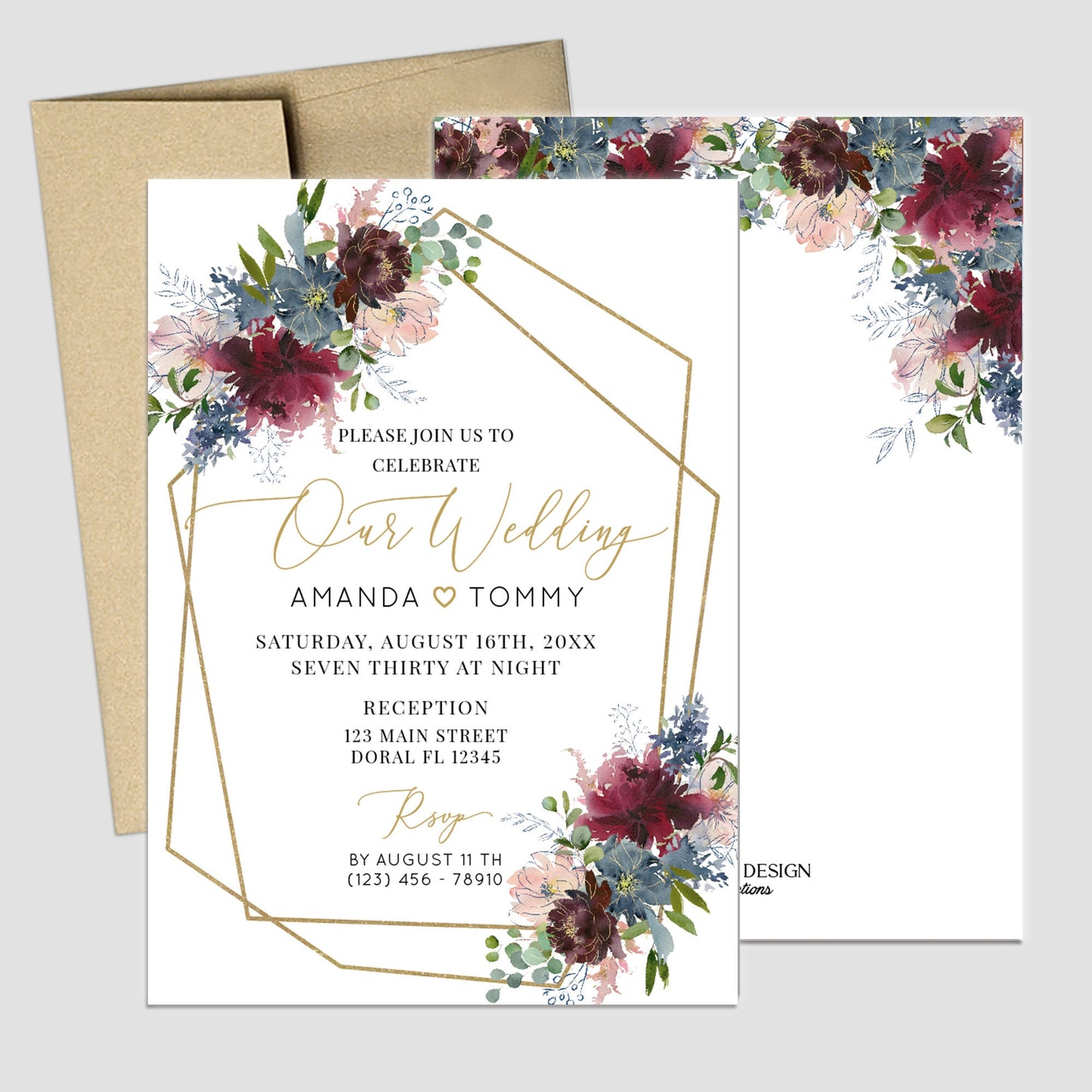 Floral Wedding Invitation: Blush, Burgundy & Dusty Blue