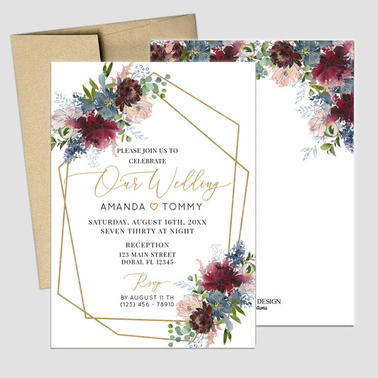 Floral Wedding Invitation: Blush, Burgundy & Dusty Blue