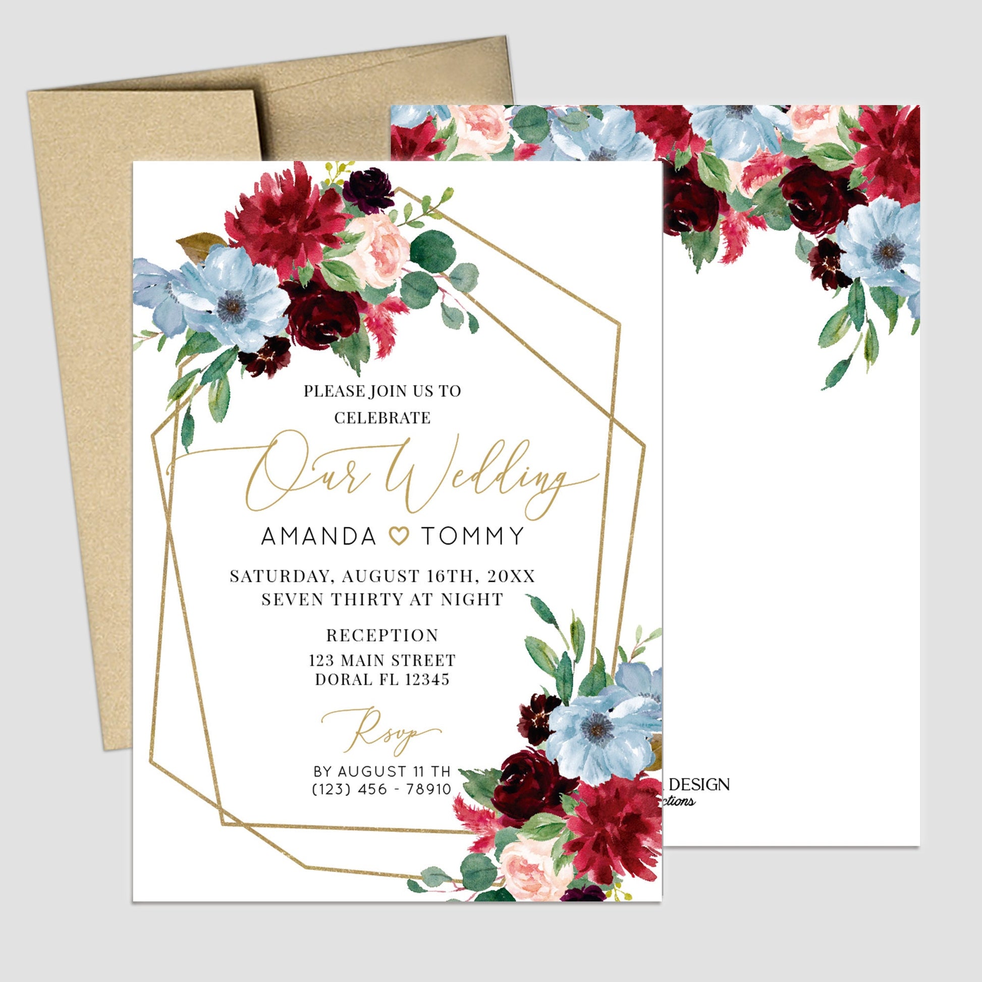 Floral Burgundy Wedding Insert Card, RSVP or Details (3.5x5")
