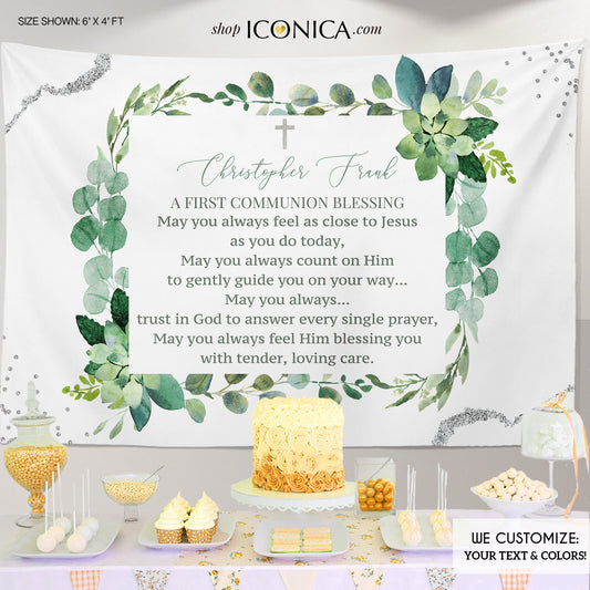 Personalized First Communion Banner, Greenery Succulents Backdrop