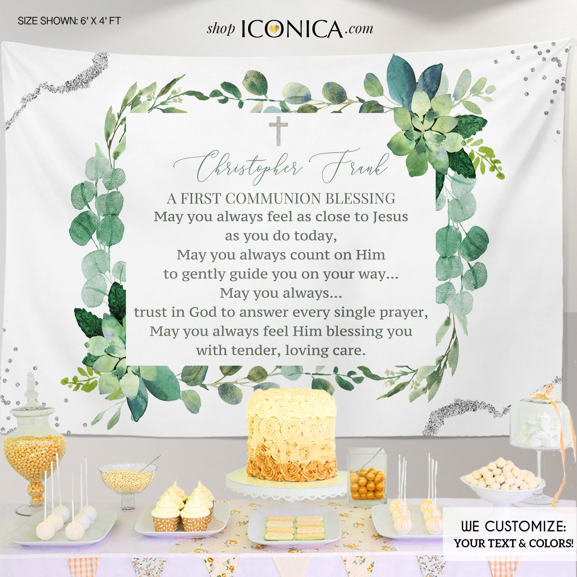 Personalized First Communion Banner, Greenery Succulents, Silver