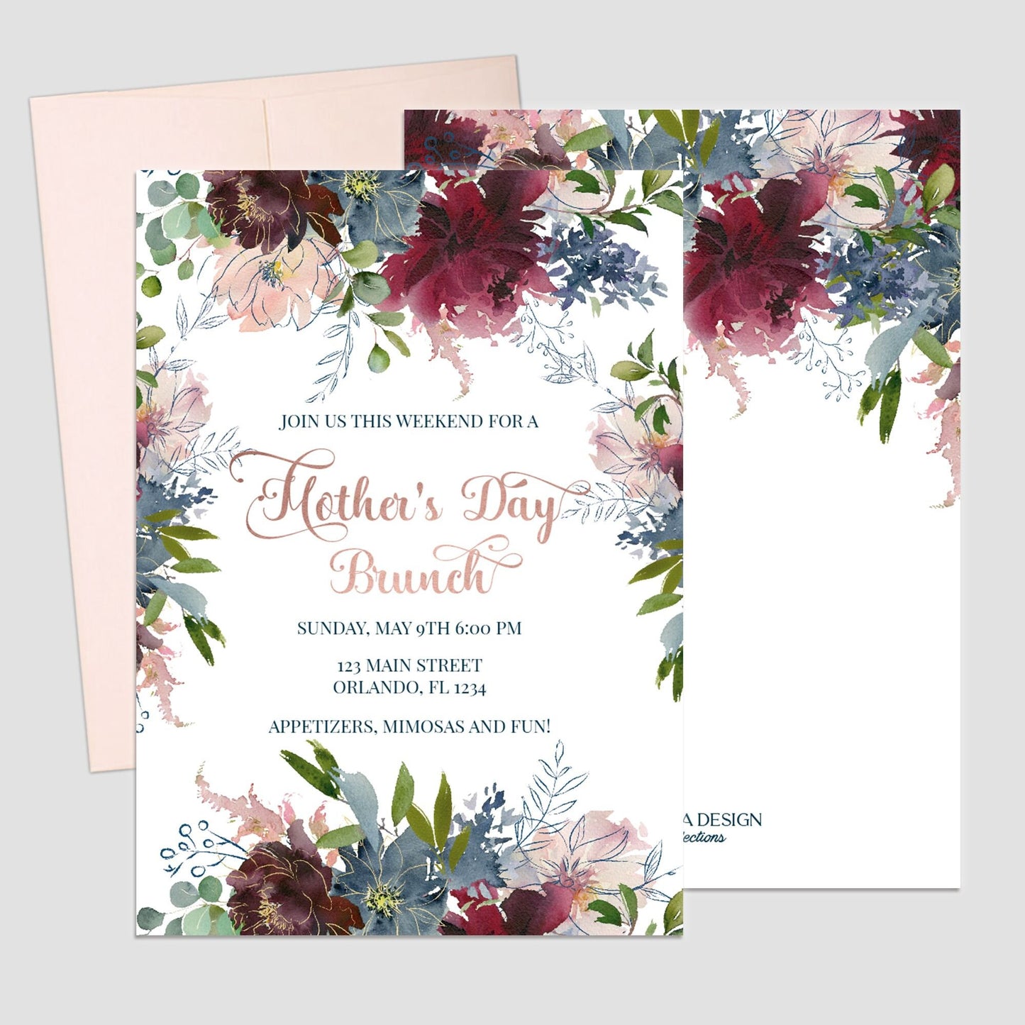 Floral Mother's Day Brunch Invitation, Blush Burgundy, Printed Cards
