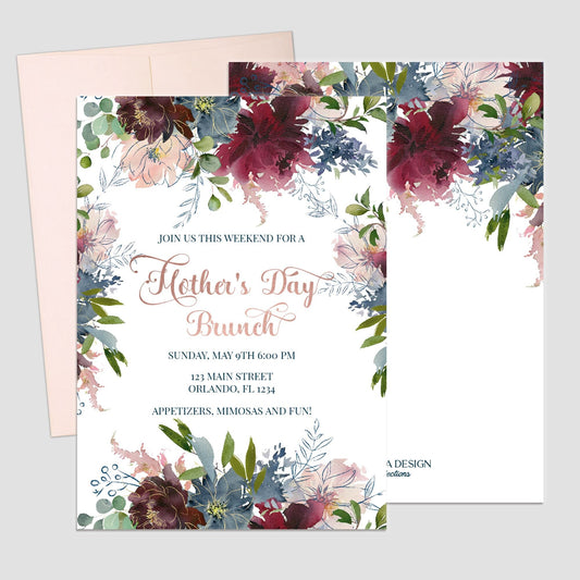 Floral Mother's Day Brunch Invitation, Blush Burgundy, Printed Cards