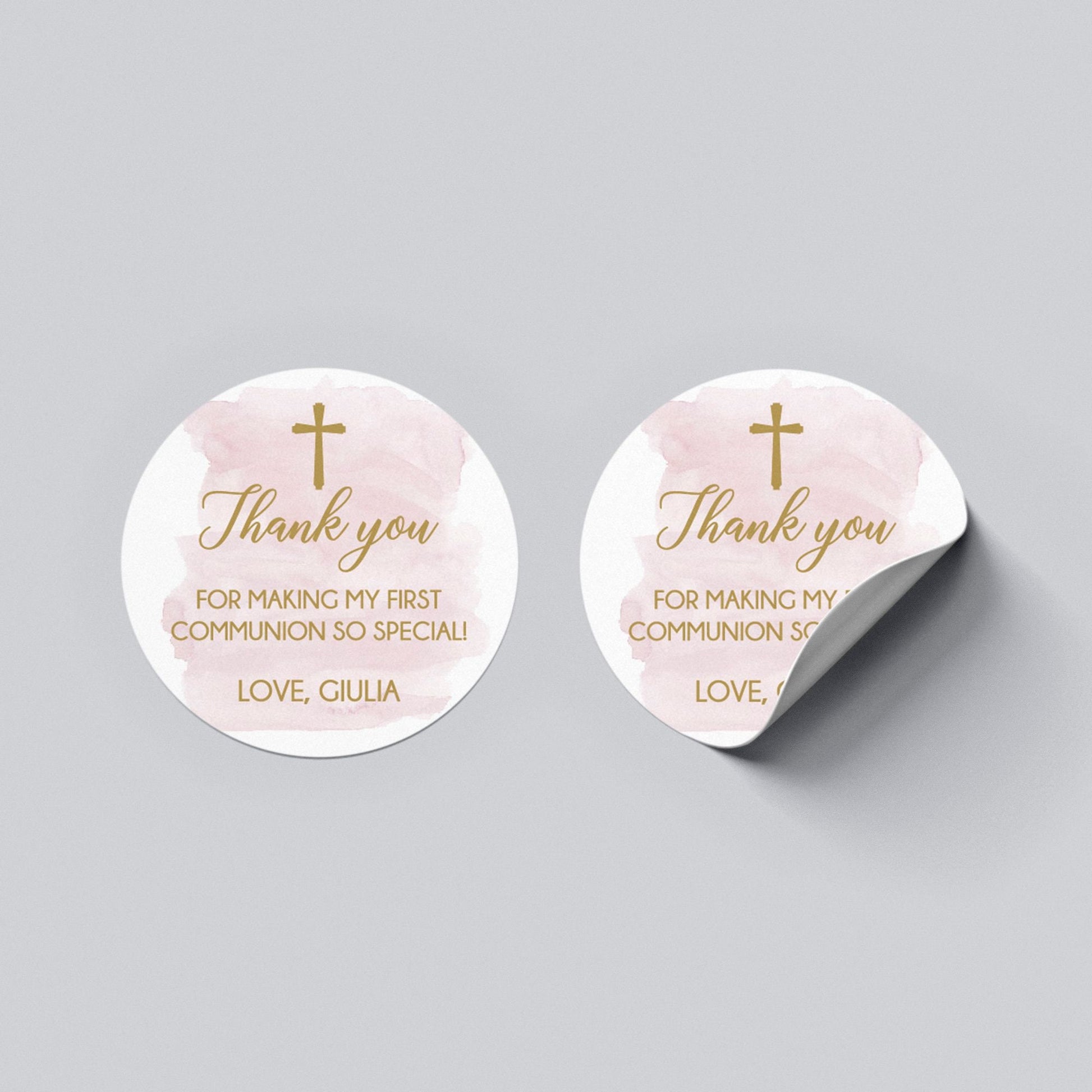 First Communion Favor Stickers, Pink Watercolor Labels, 2" Round
