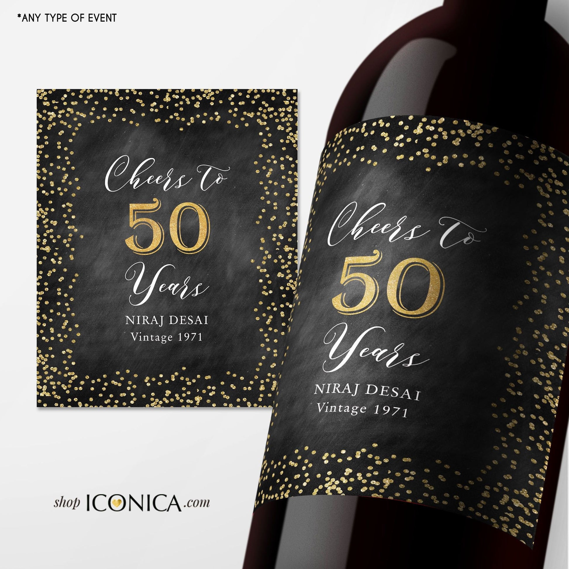 Personalized 50th Birthday Wine Label, Cheers to 50 Years