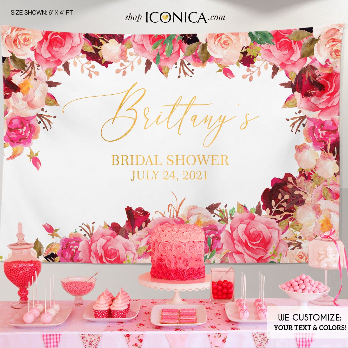 Floral Bridal Shower Backdrop, Blush Pink Burgundy Roses