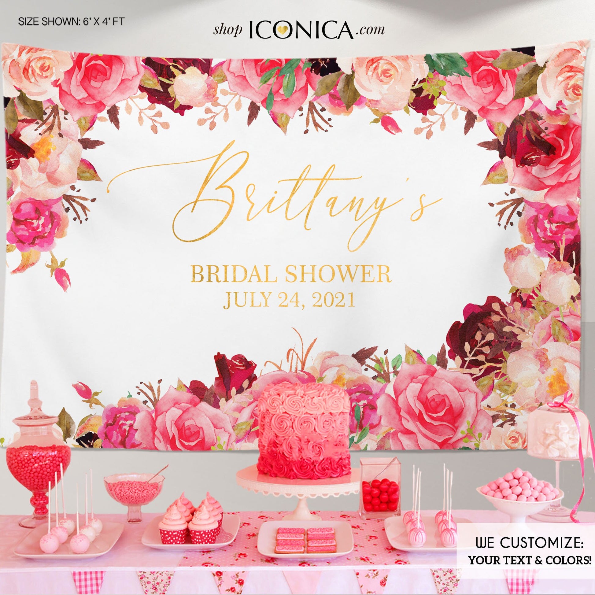 Floral Bridal Shower Backdrop, Blush Pink Burgundy Roses