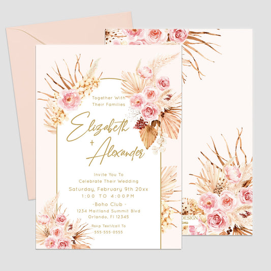 Boho Wedding Invitation, Dried Floral, Pink Neutral Colors