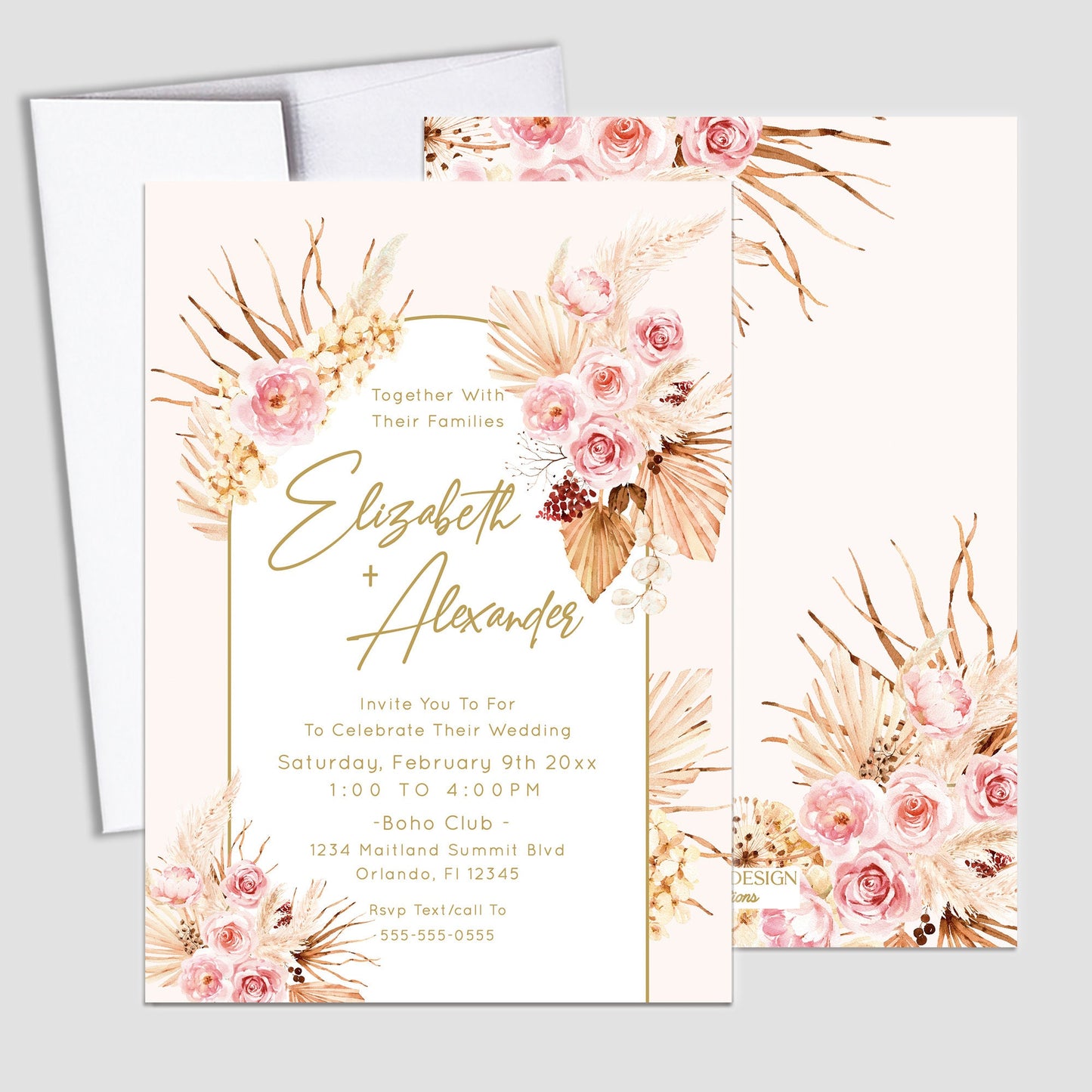 Boho Wedding Invitation, Dried Floral, Pink Neutral Colors