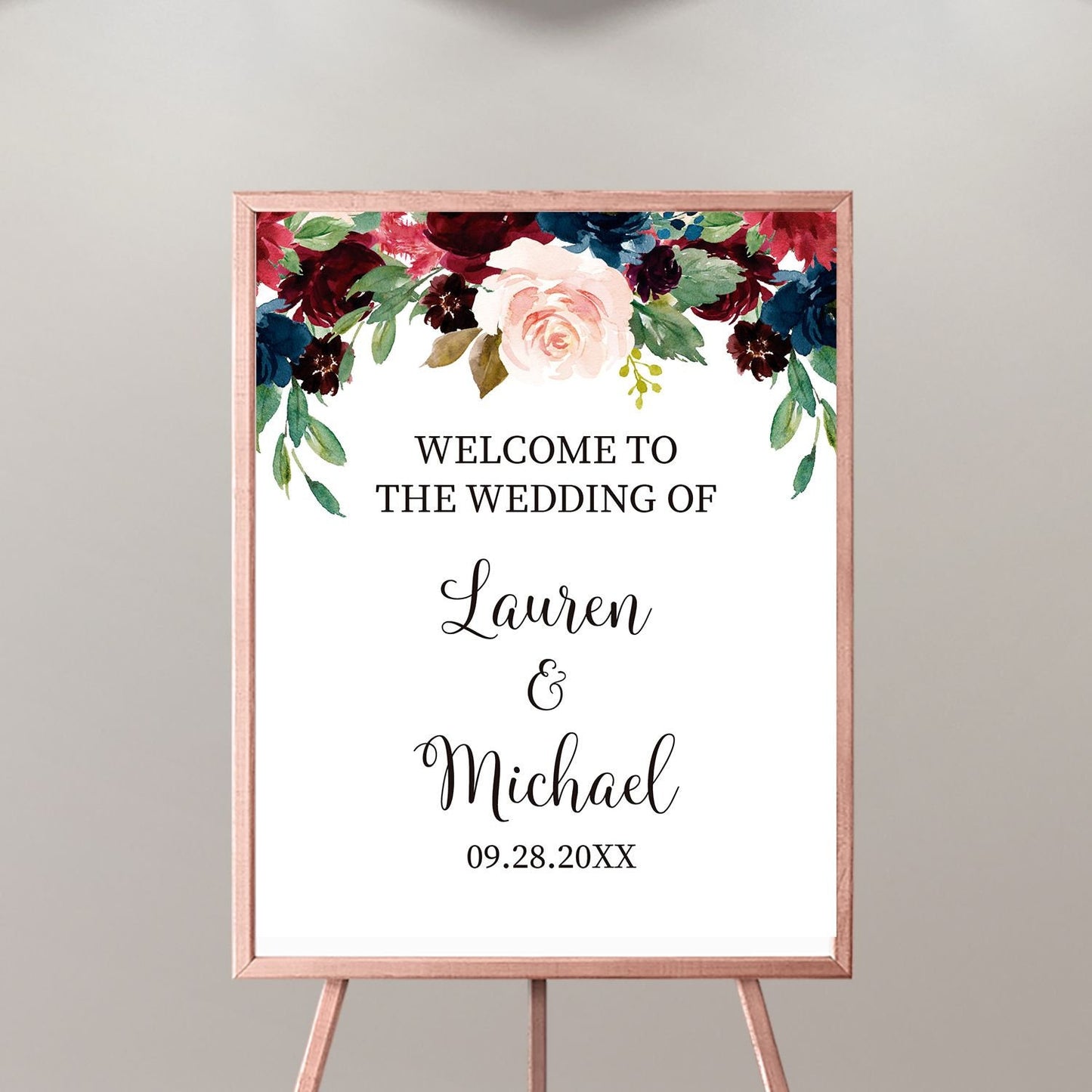Personalized Floral Wedding Welcome Sign, Burgundy & Navy