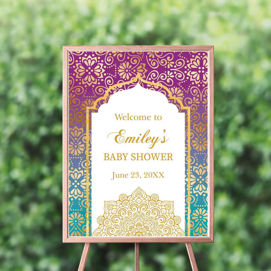Moroccan Welcome Sign, Purple Teal Gold Decor, Personalized Event Sign