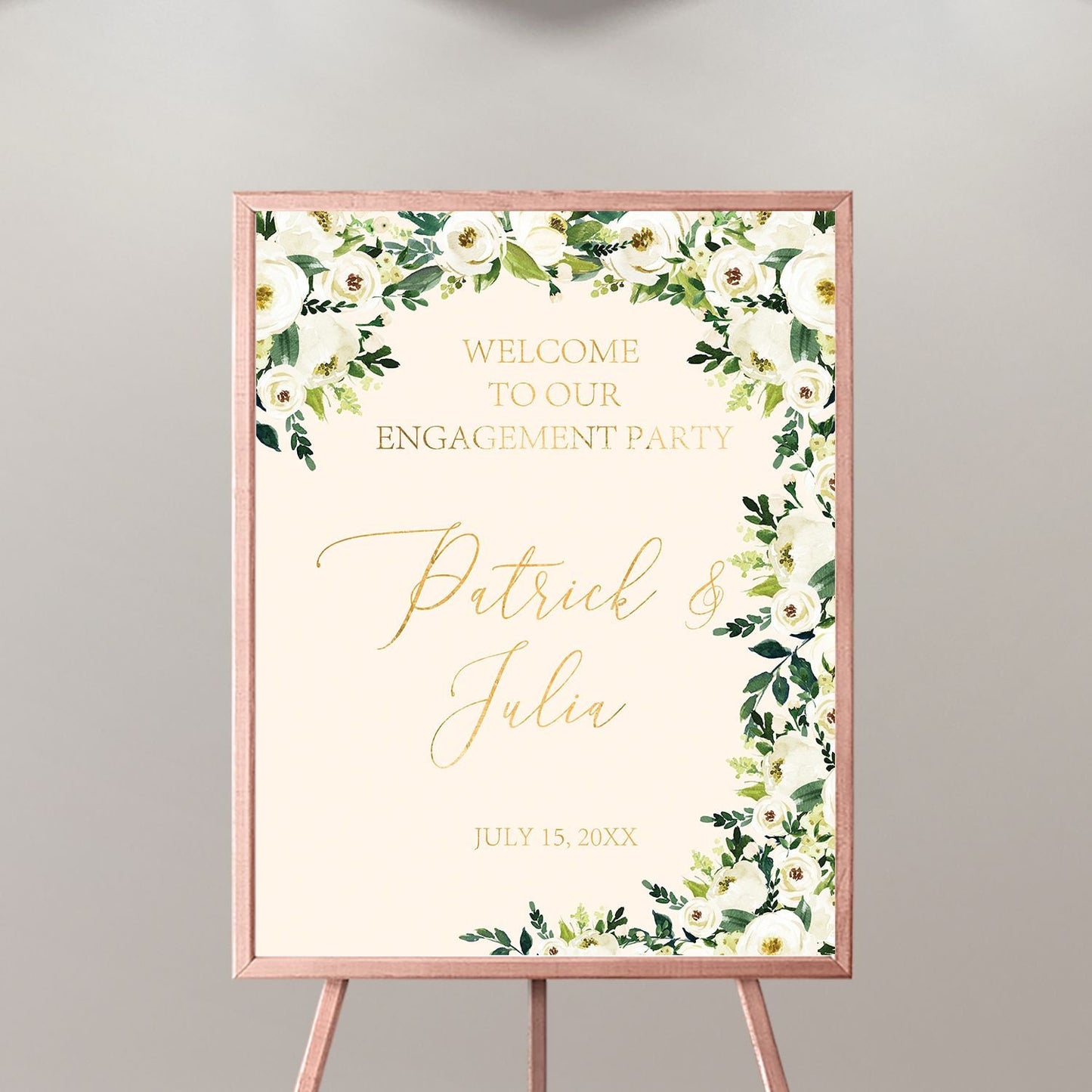 Floral Wedding Welcome Sign, White Gold Decor