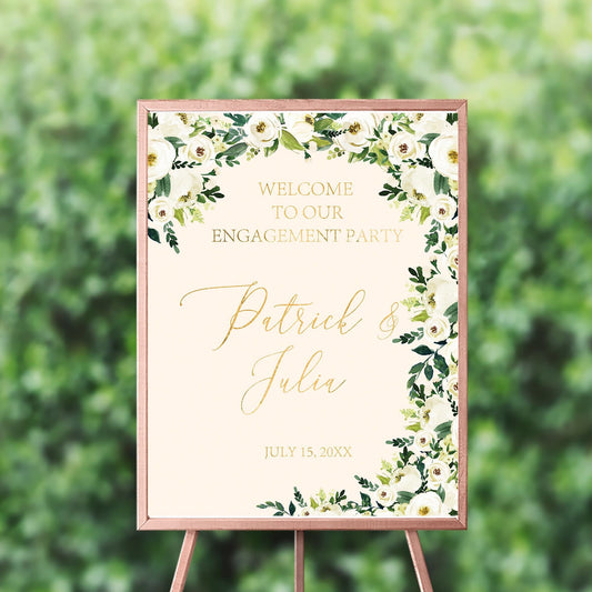 Floral Wedding Welcome Sign, White Gold Decor