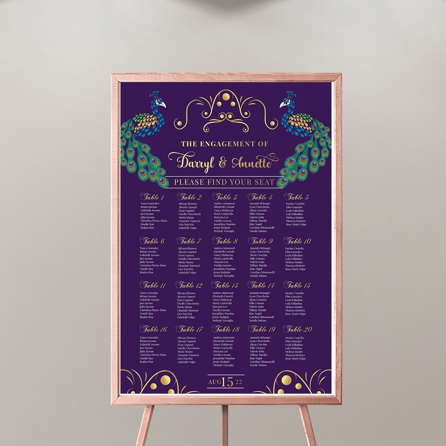 Peacock Wedding Seating Chart, Printed or Template (Annette Collection)