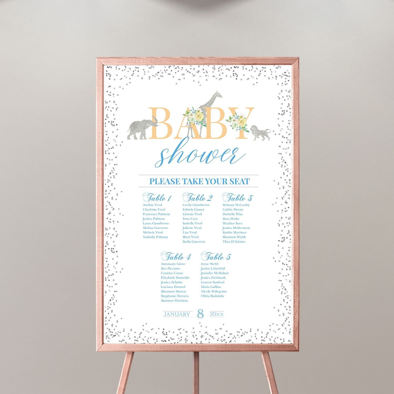 Safari Baby Shower Seating Chart, Jungle Animals, Printed or Template