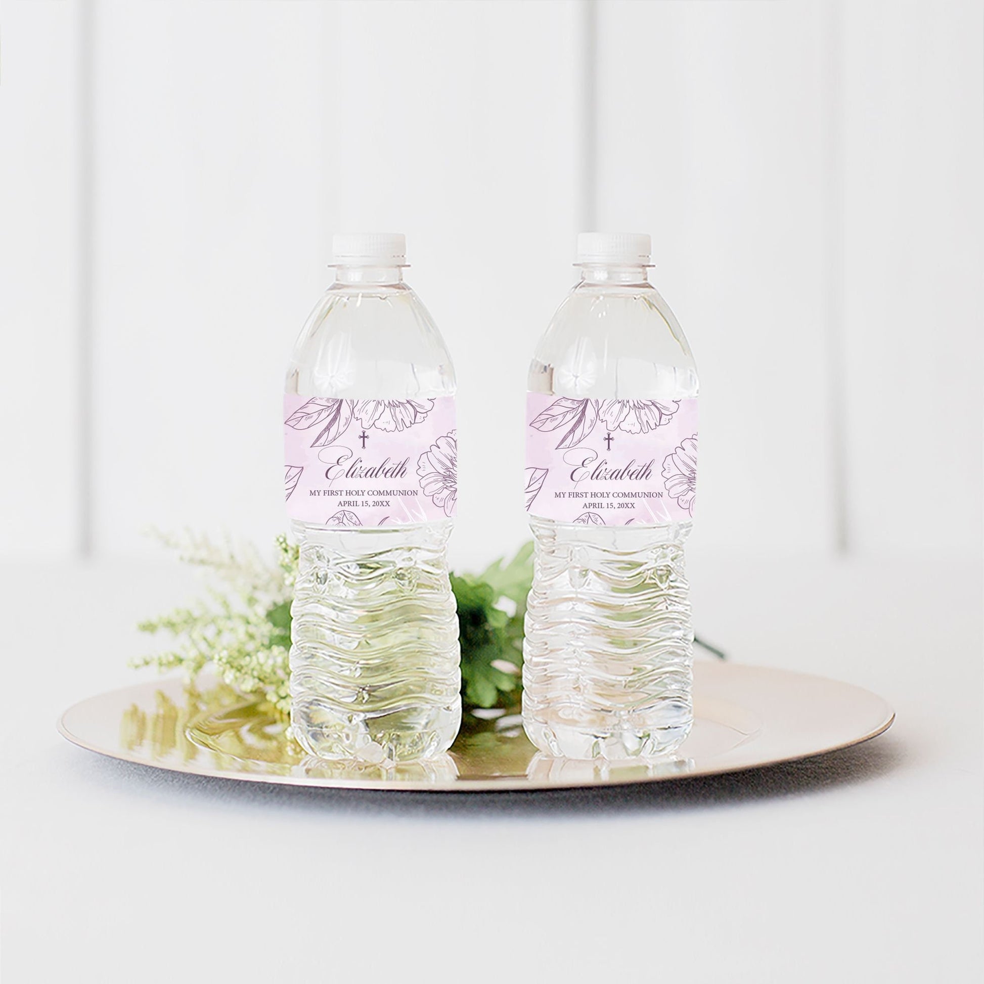 First Communion Bottle Labels: Floral Lavender, Personalized Stickers