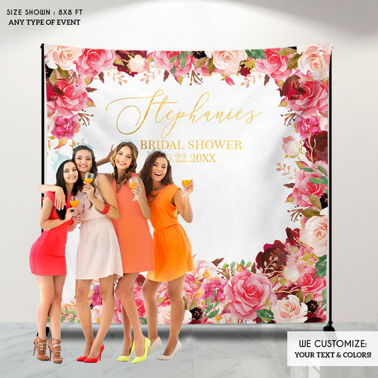 Floral Bridal Shower Backdrop, Blush Pink Burgundy Roses
