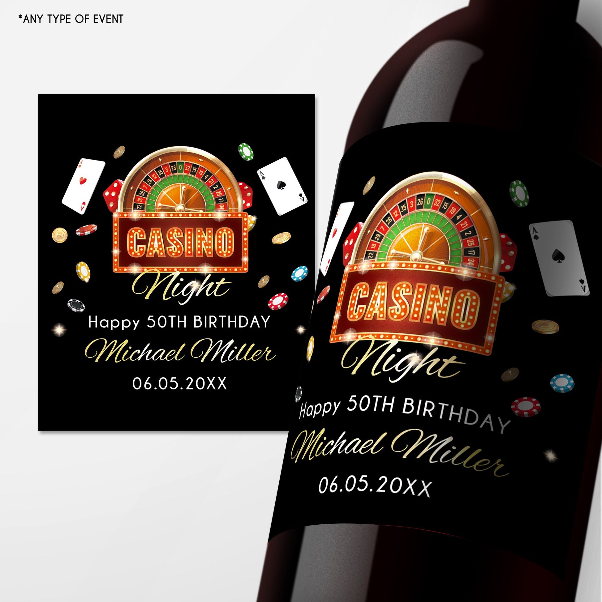 Personalized Casino Birthday Wine Label, Milestone Age, Cheers to 50 Years