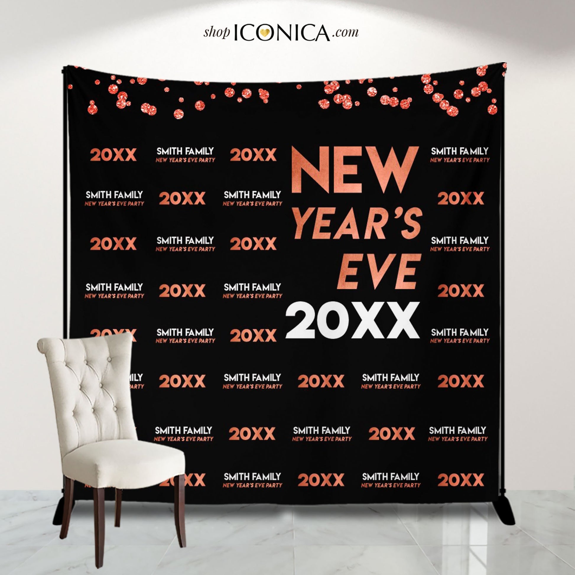 Personalized New Year's Eve Backdrop, Black and Gold Decor