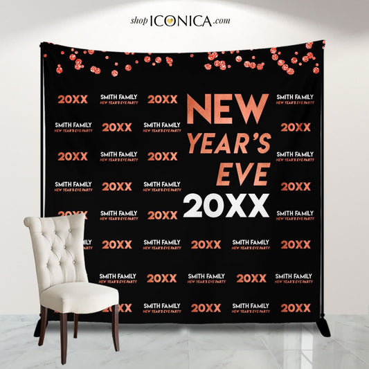 Personalized New Year's Eve Backdrop, Black and Gold Decor