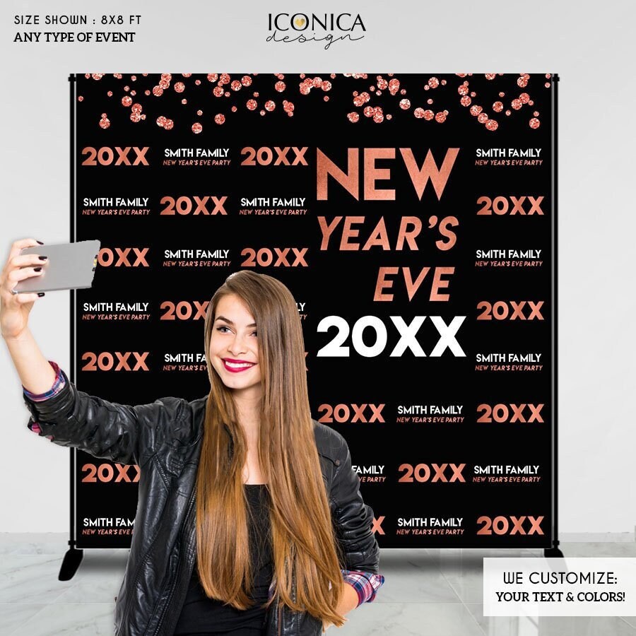 Personalized New Year's Eve Backdrop, Black and Gold Decor