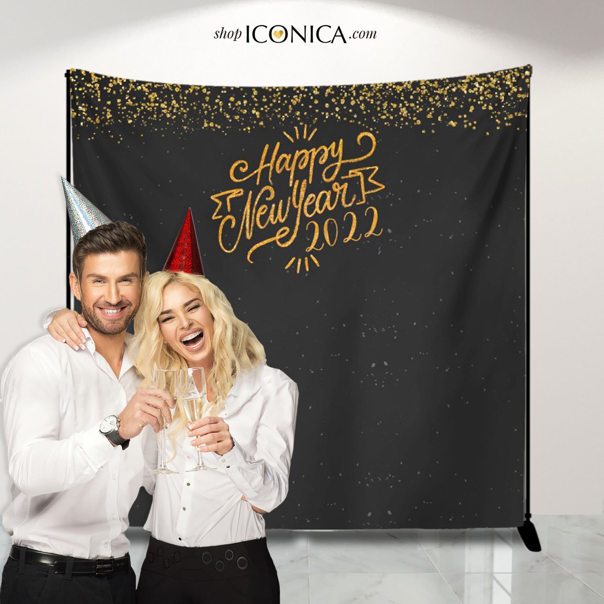 New Years Eve Gold Glitter Party Backdrop, Custom Photo Booth