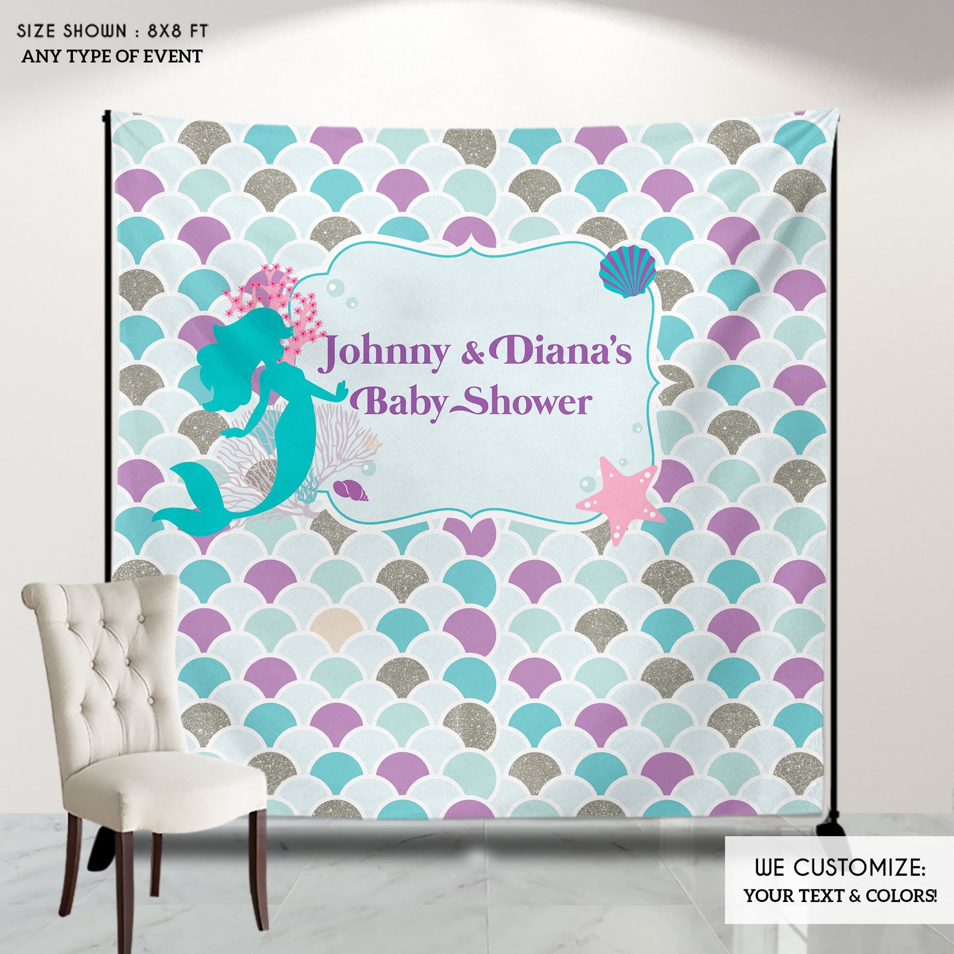 Custom Mermaid Baby Shower Backdrop, Under The Sea Party Decor (Printed or Printable)