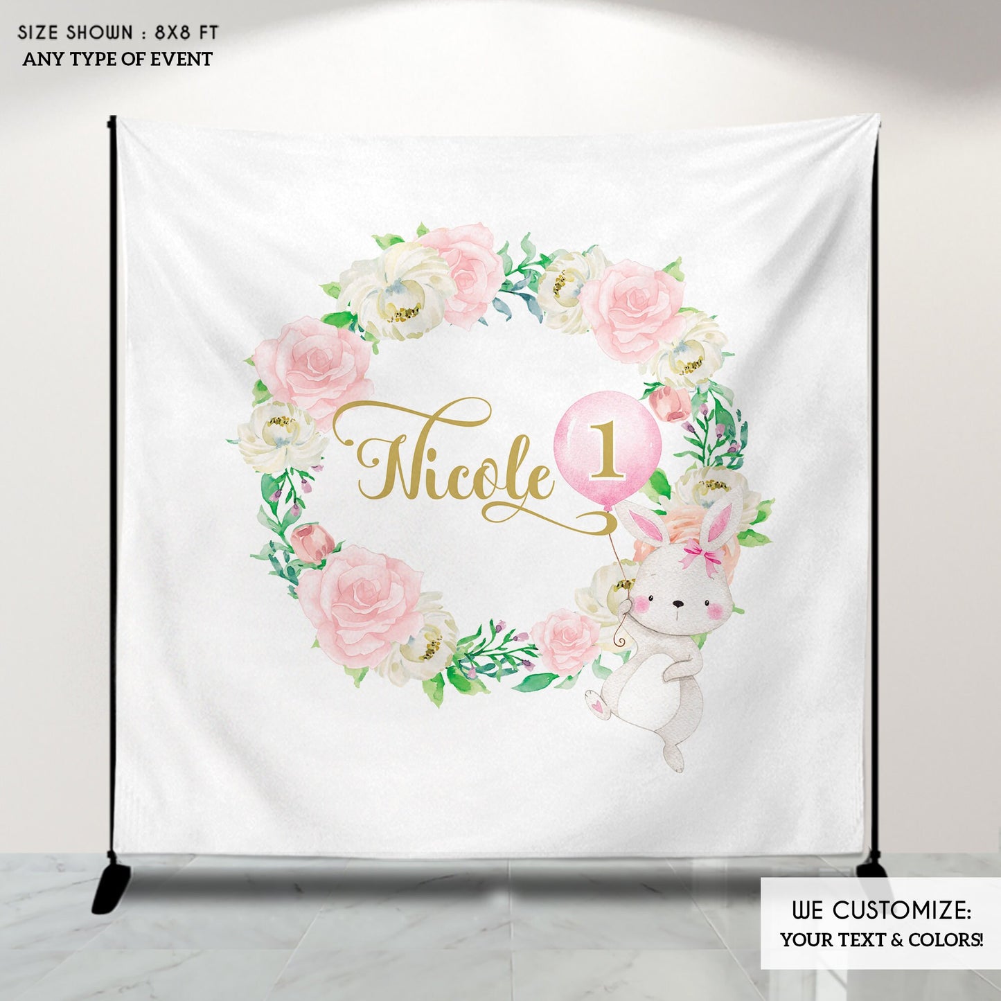 Custom Bunny First Birthday Backdrop, Floral Wreath
