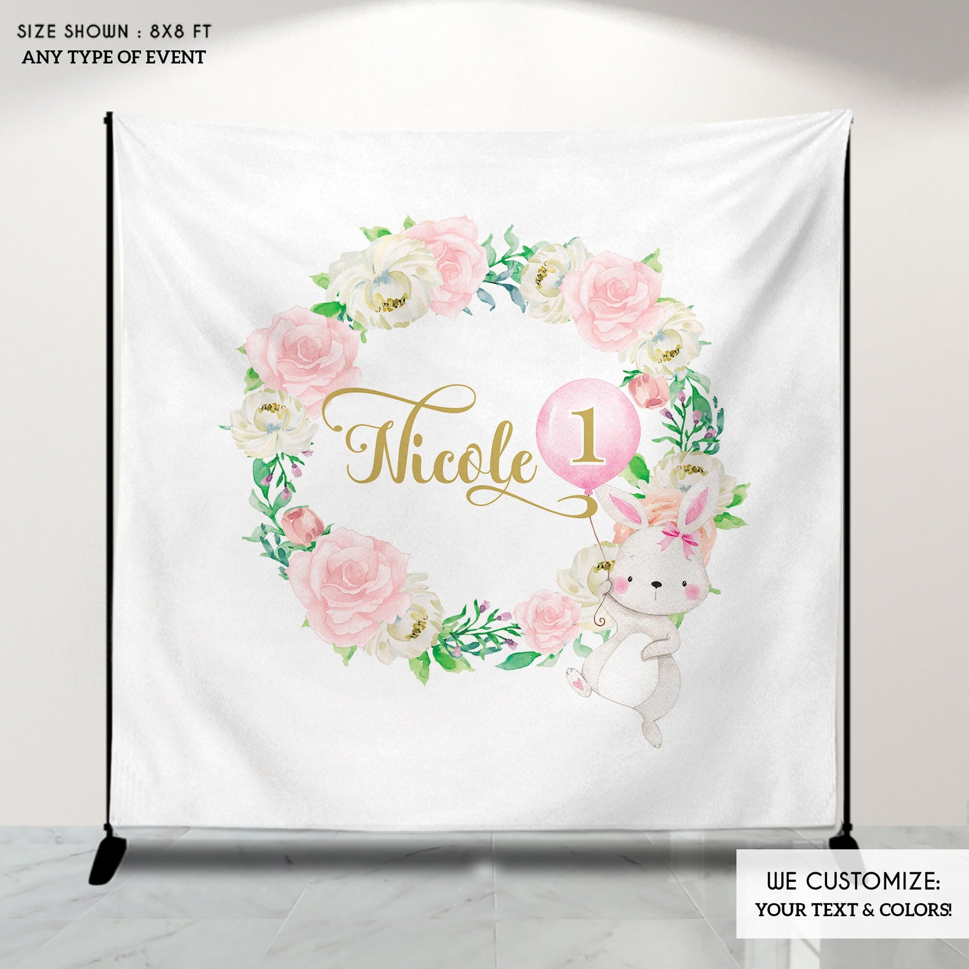 Custom Bunny First Birthday Backdrop, Floral Wreath