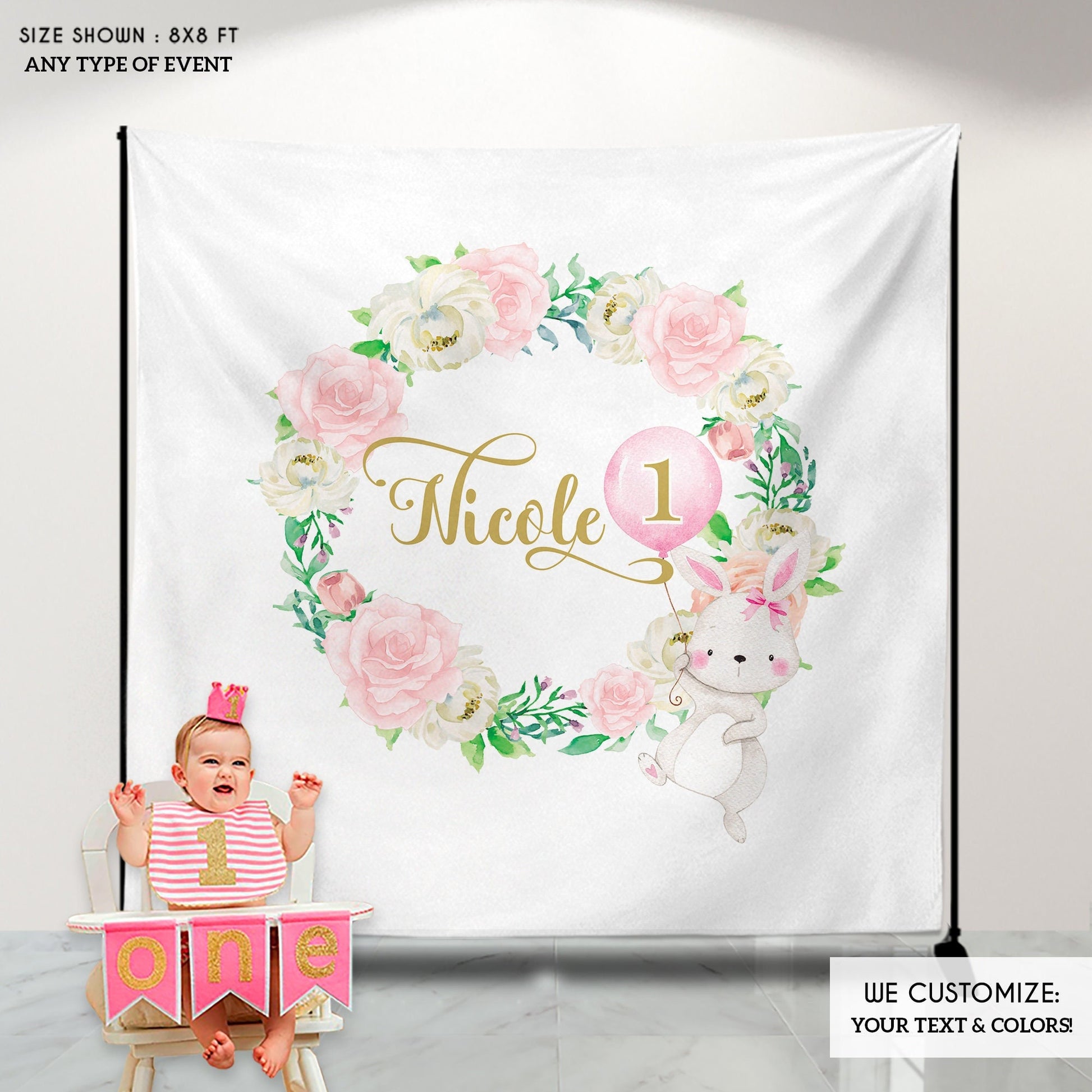 Custom Bunny First Birthday Backdrop, Floral Wreath