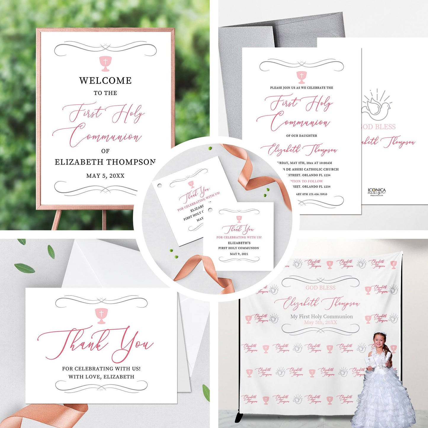 Elegant First Communion Invitation Set, Chalice and Doves Design