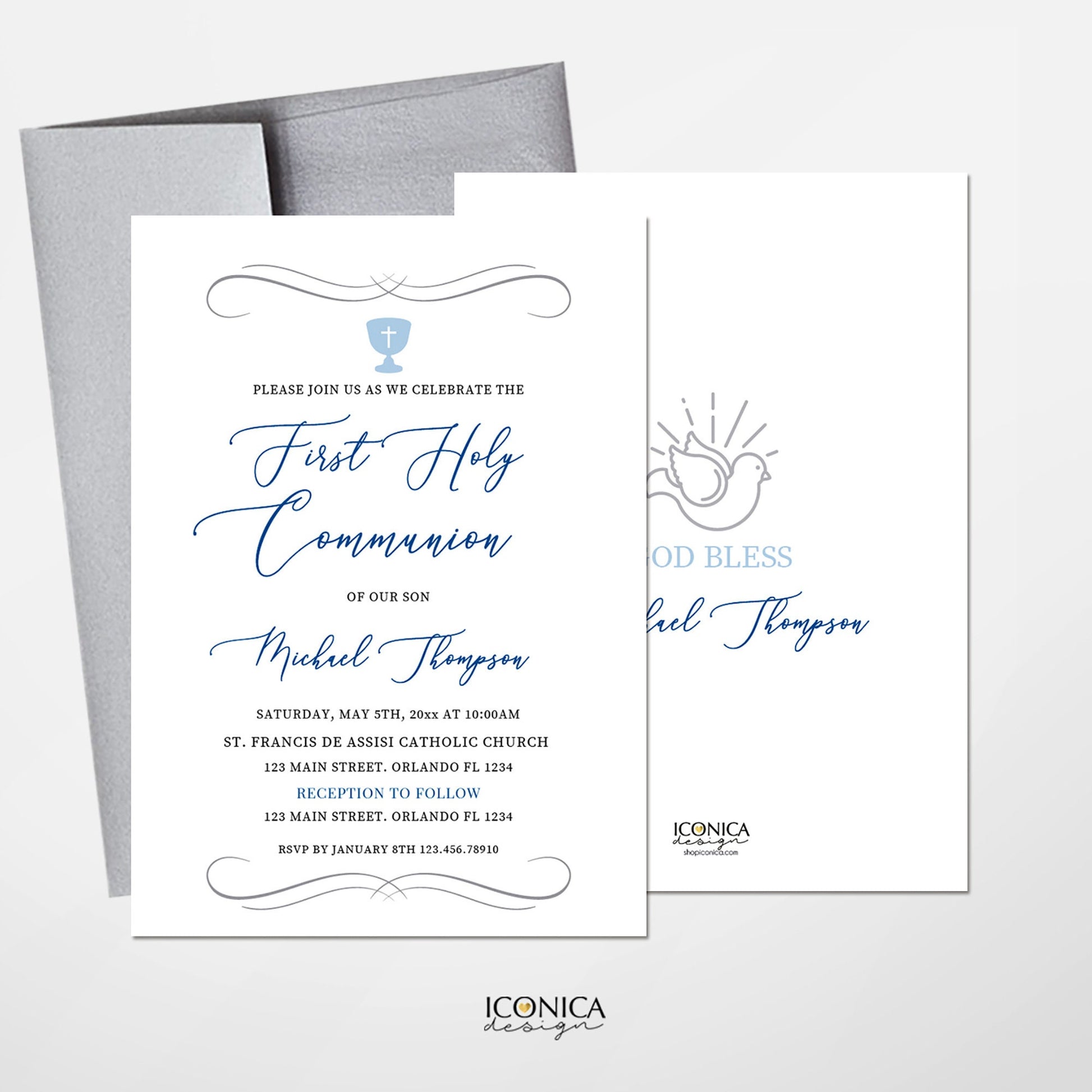 Elegant First Communion Invitation Set, Chalice and Doves Design