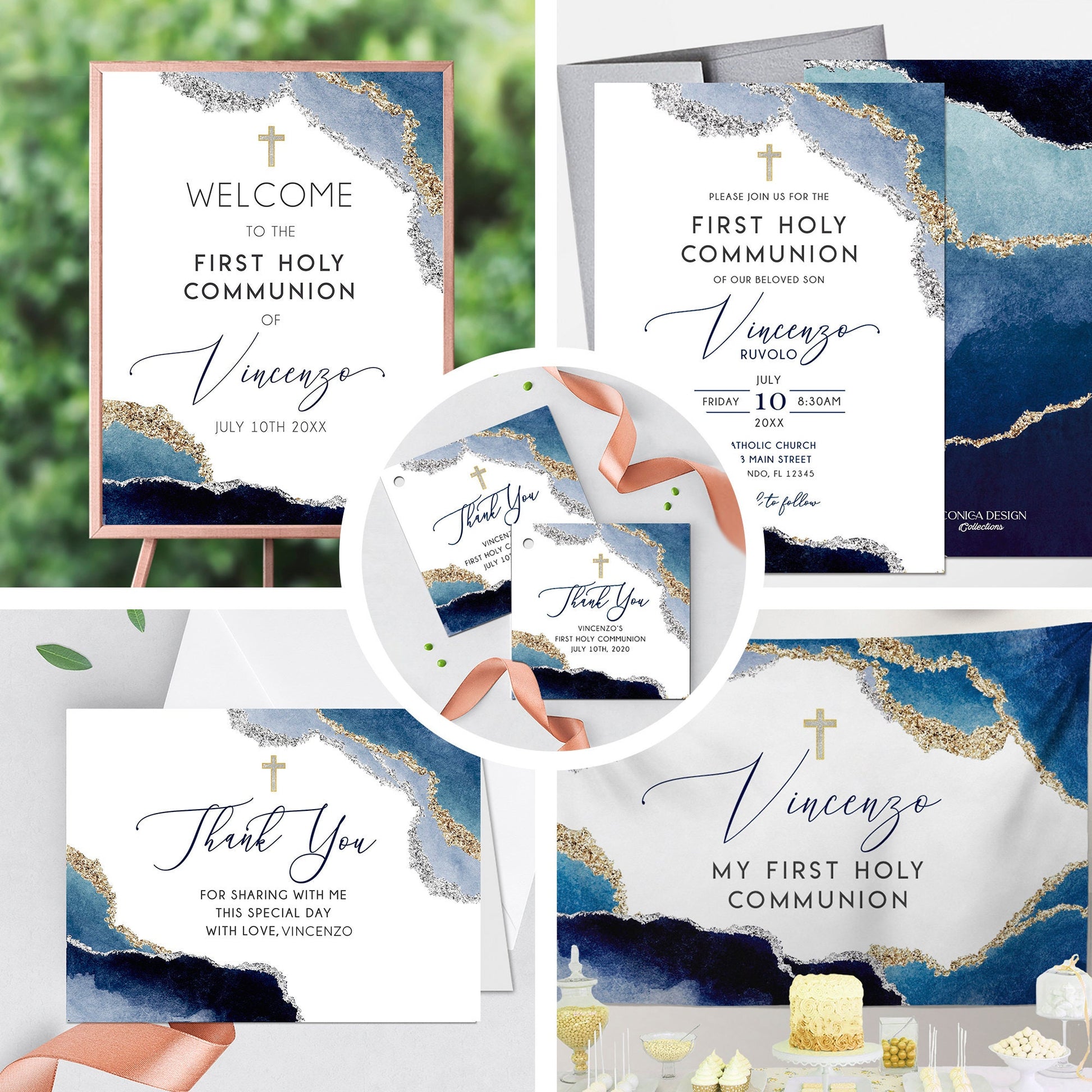 Elegant Geode First Communion Invitation Set, Navy and Gold Event Paper