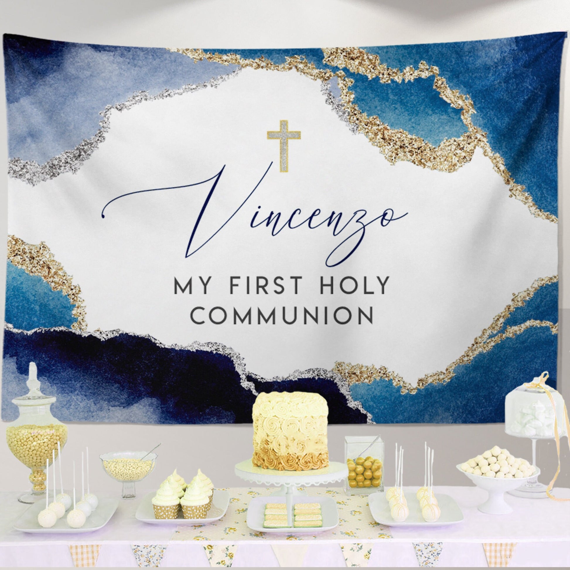 Elegant Geode First Communion Invitation Set, Navy and Gold Event Paper