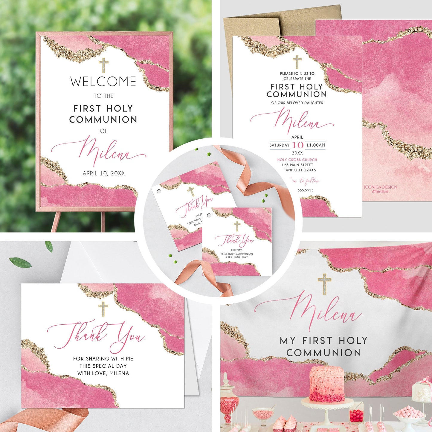Pink Geode First Communion Invitation Set, Elegant Religious Event Paper