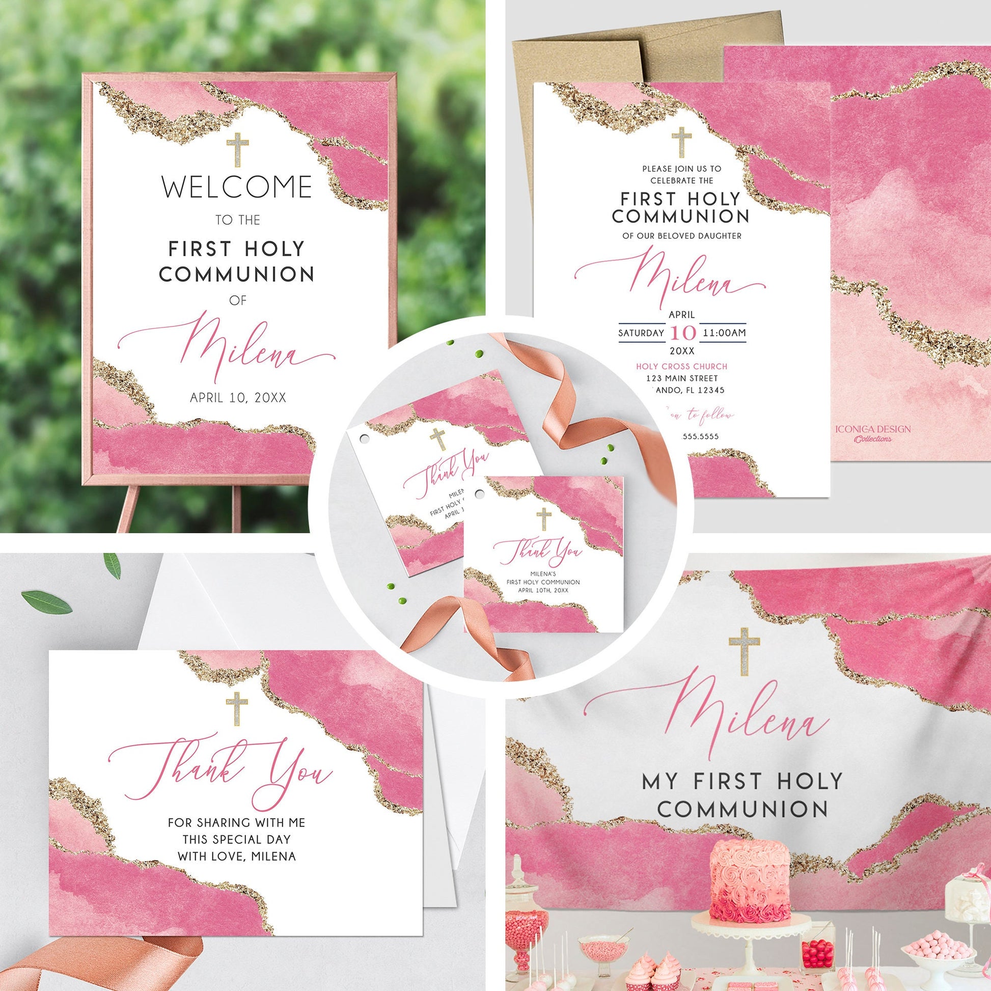 Pink Geode First Communion Invitation Set, Elegant Religious Event Paper