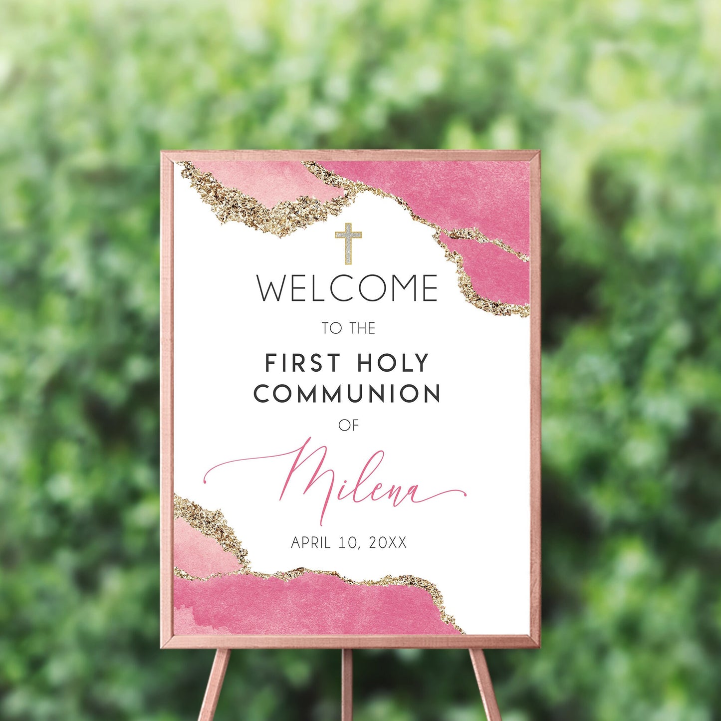 Pink Geode First Communion Invitation Set, Elegant Religious Event Paper