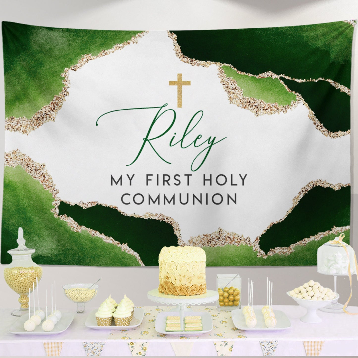 Elegant Geode First Communion Invitation Set, Green and Gold