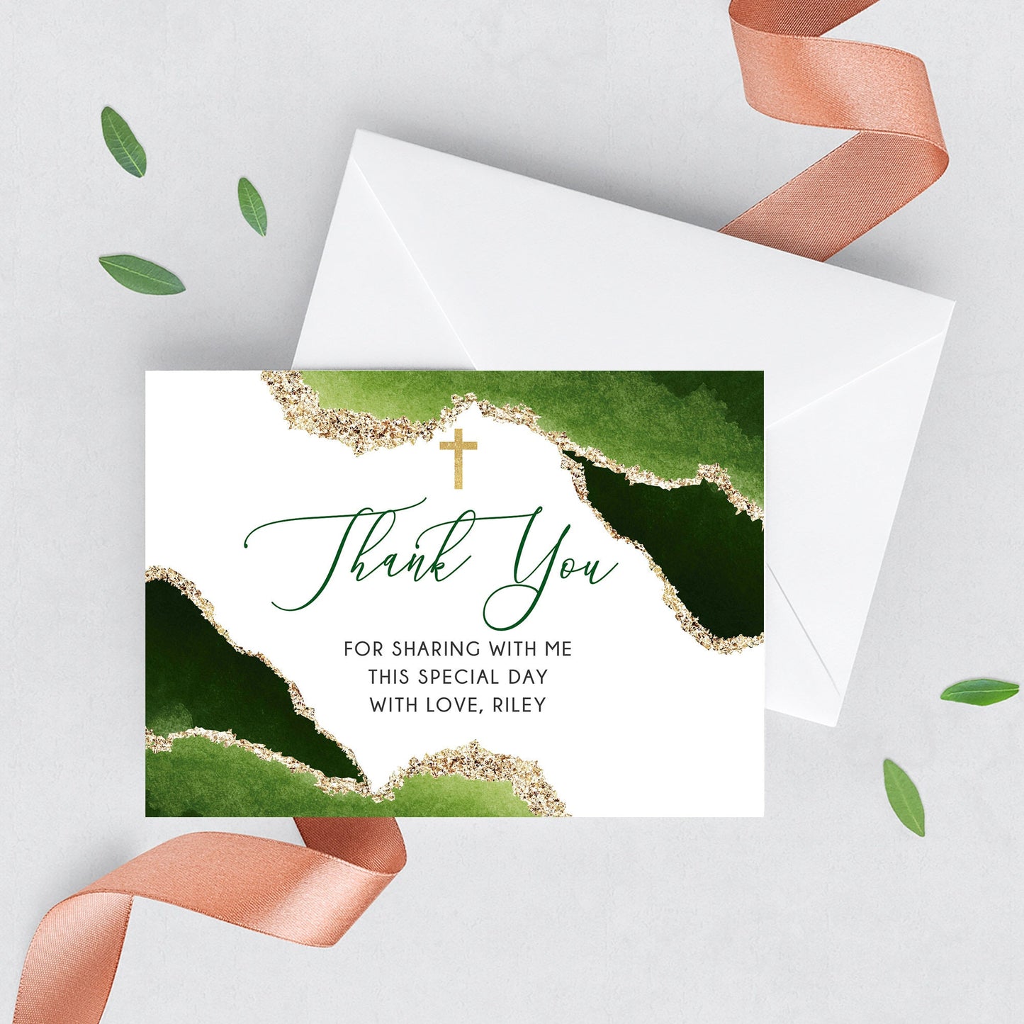 Elegant Geode First Communion Invitation Set, Green and Gold