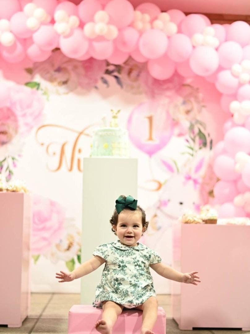 Custom Bunny First Birthday Backdrop, Floral Wreath