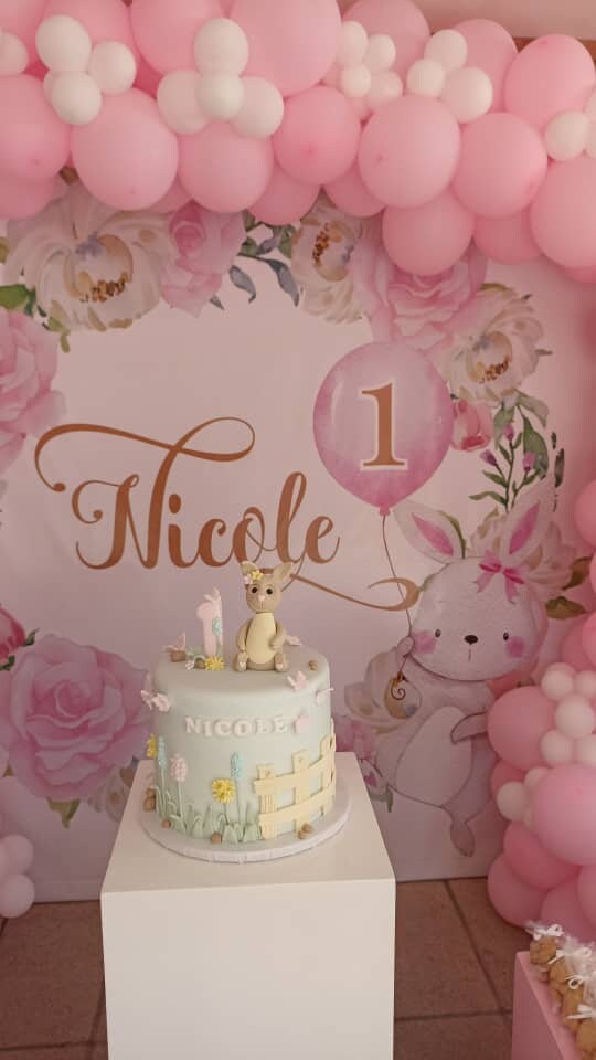 Custom Bunny First Birthday Backdrop, Floral Wreath