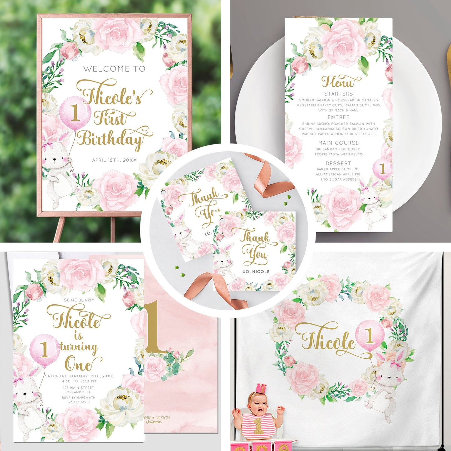 Bunny 1st Birthday Invitation, Floral Cards, Pink and Greenery