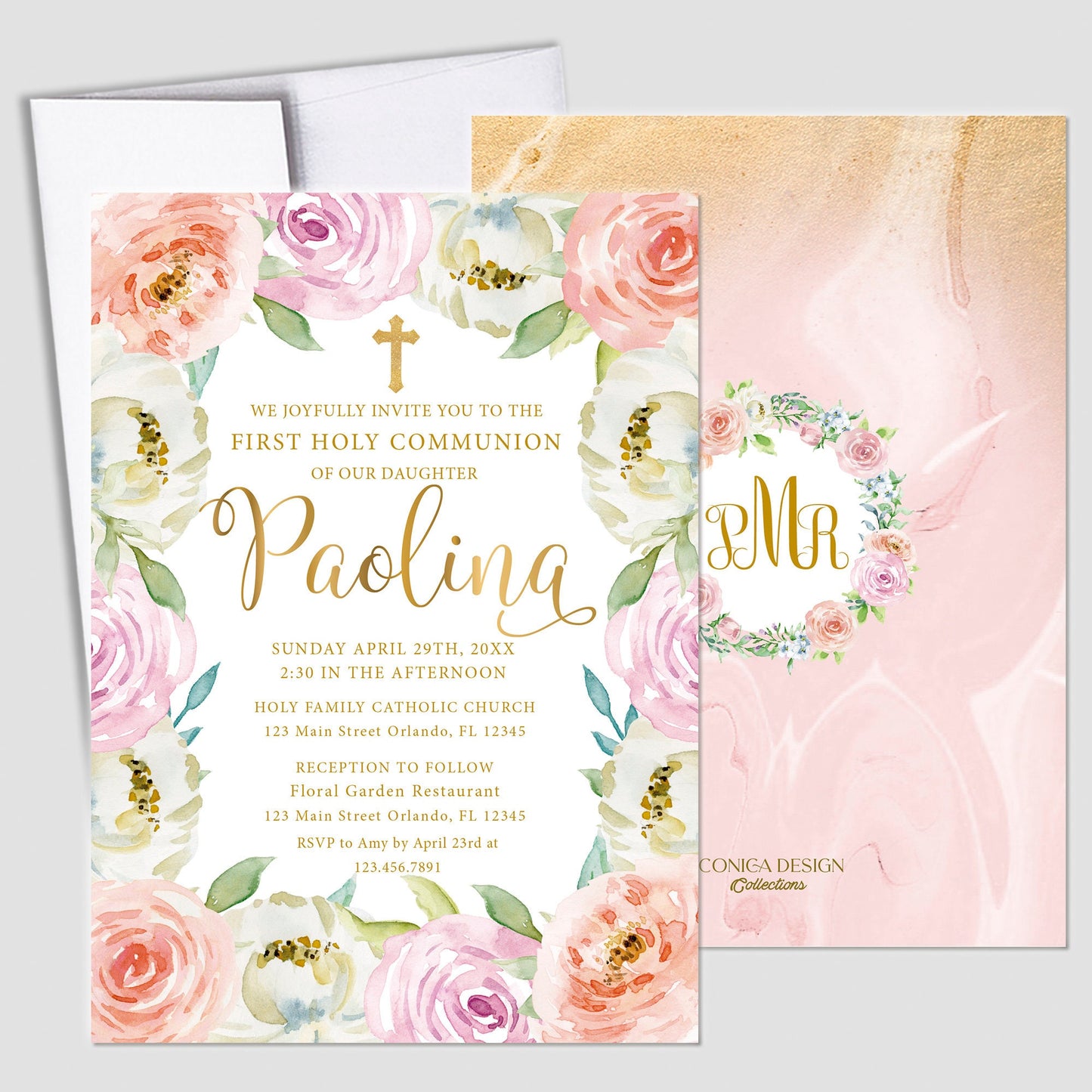 Floral First Communion Invitation Set, Pink Peach Purple, Elegant Event Paper