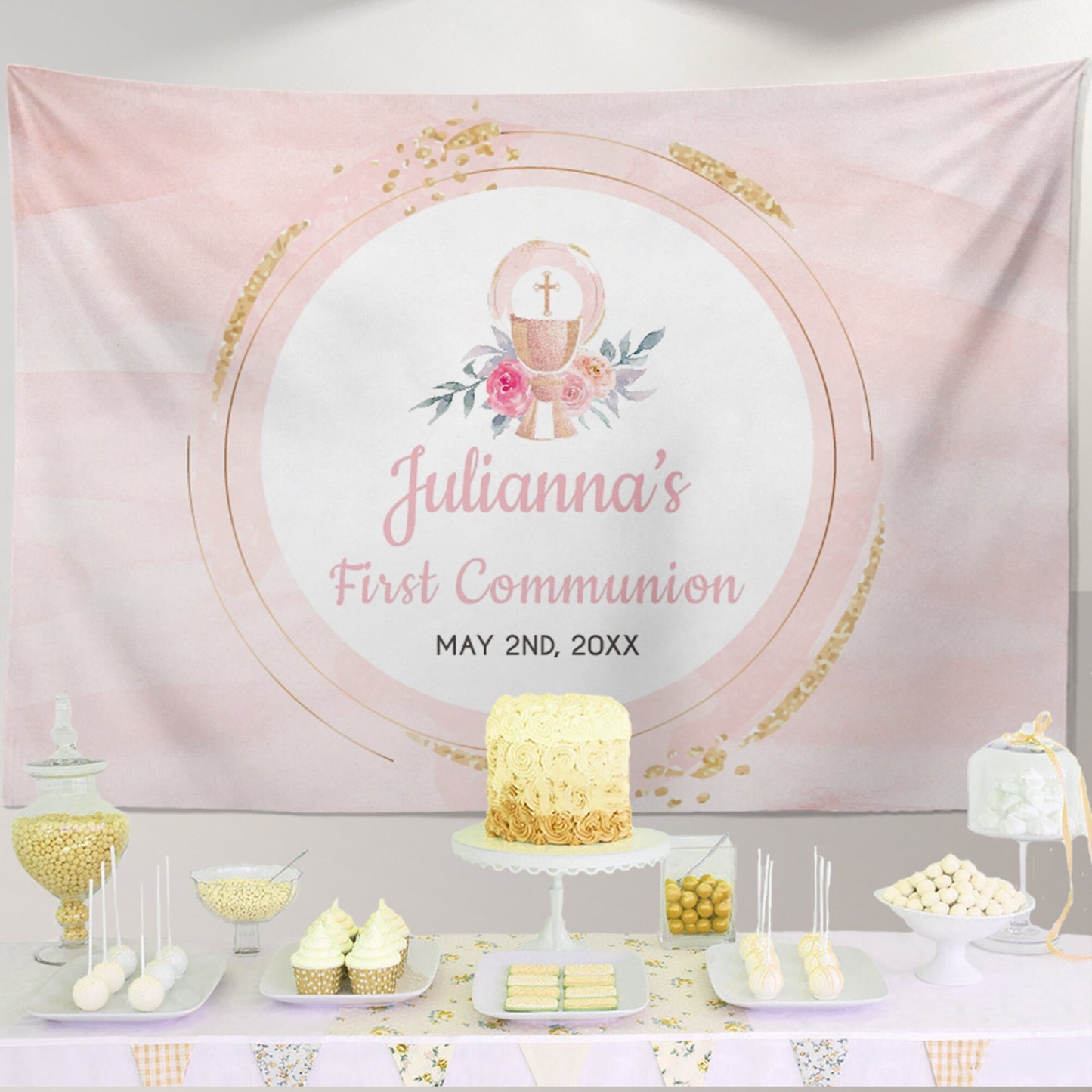 Girl's First Communion Invitation Set, Pink Gold Watercolor Floral Design
