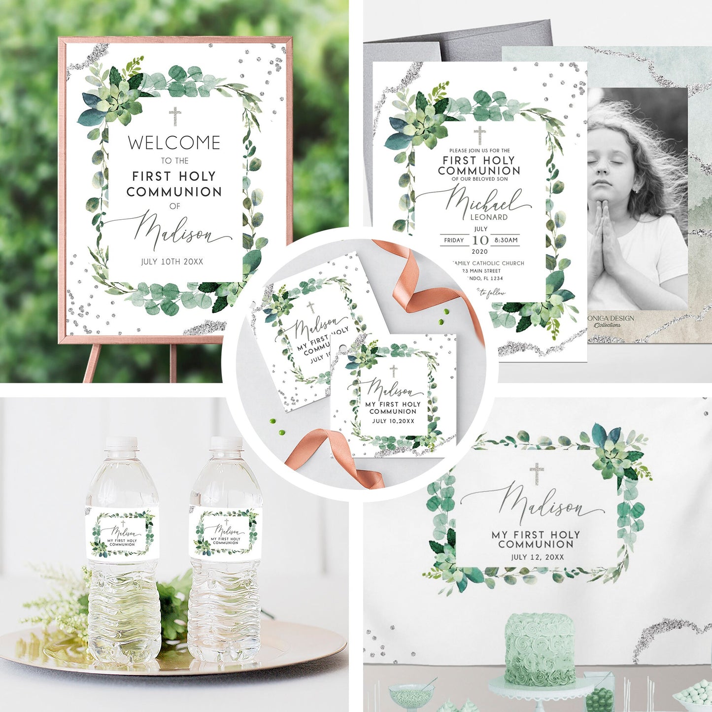 Personalized First Communion Banner, Greenery Succulents Backdrop
