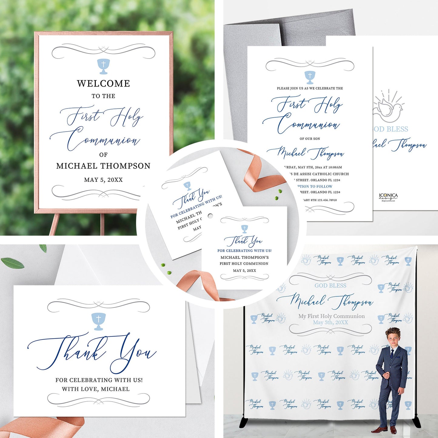 Elegant First Communion Invitation Set, Chalice and Doves Design