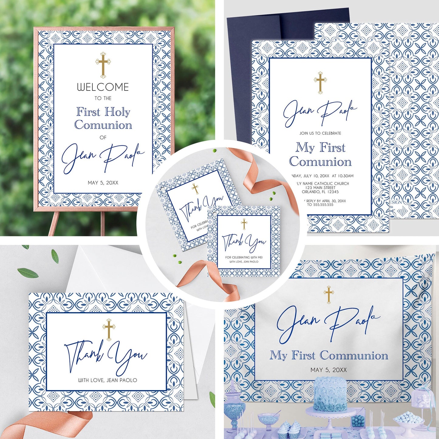 Elegant Blue Tile First Communion Invitation Set